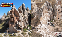 Kapadokya'da düşen kaya parçasının önceki ve sonraki görüntüsü