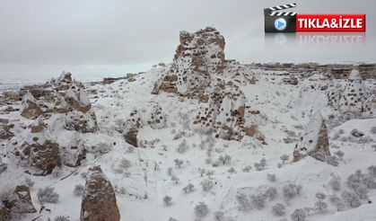 Kapadokya’da kış masalı: Dronla eşsiz kar manzaraları