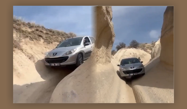 Kapadokya’da araç sürücüsü vadide ilerledi (video)