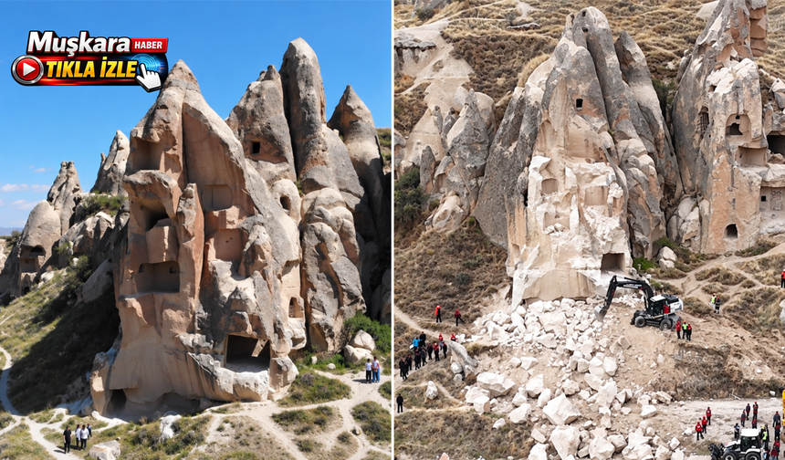 Kapadokya'da düşen kaya parçasının önceki ve sonraki görüntüsü