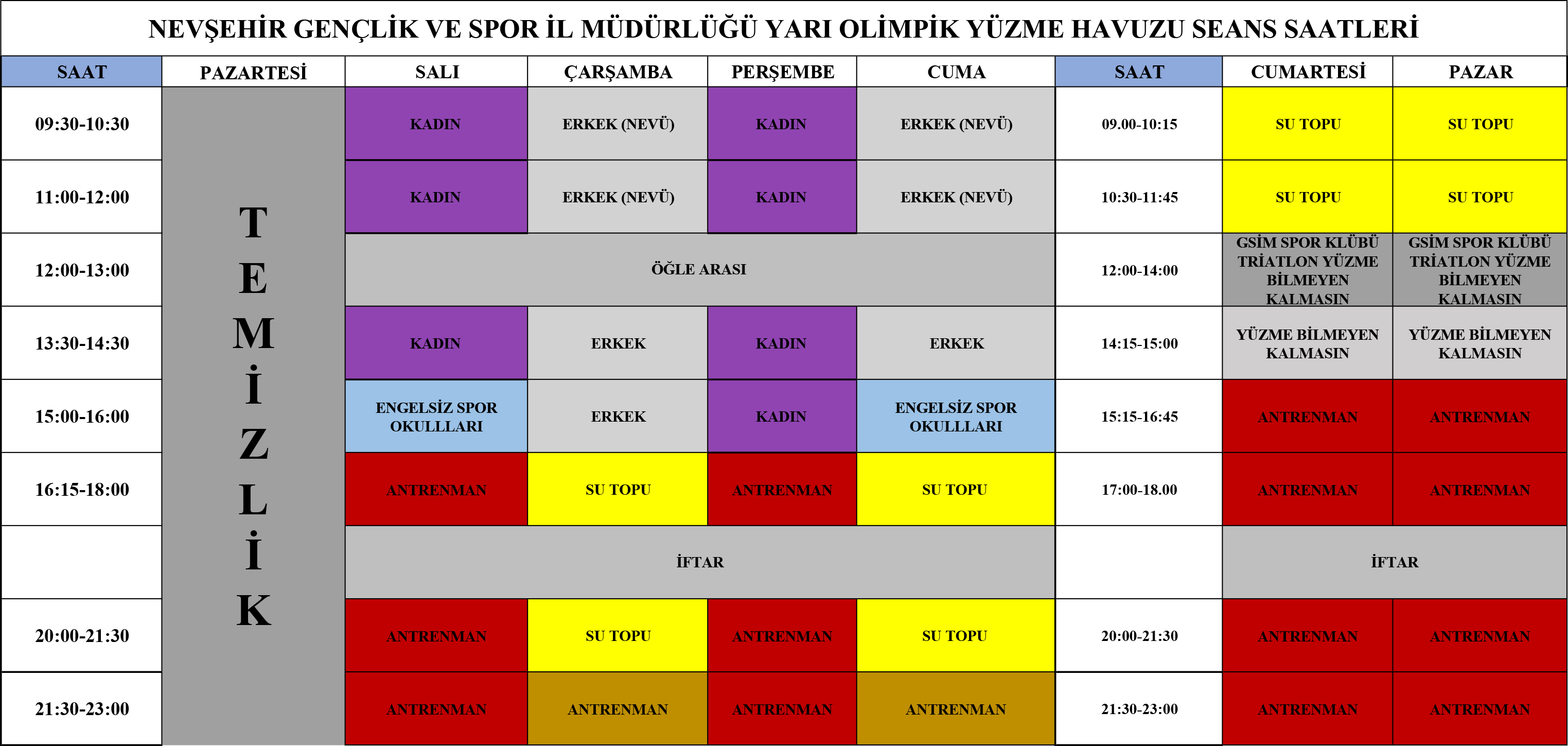 Nevşehir Havuz 2026 Ramazan